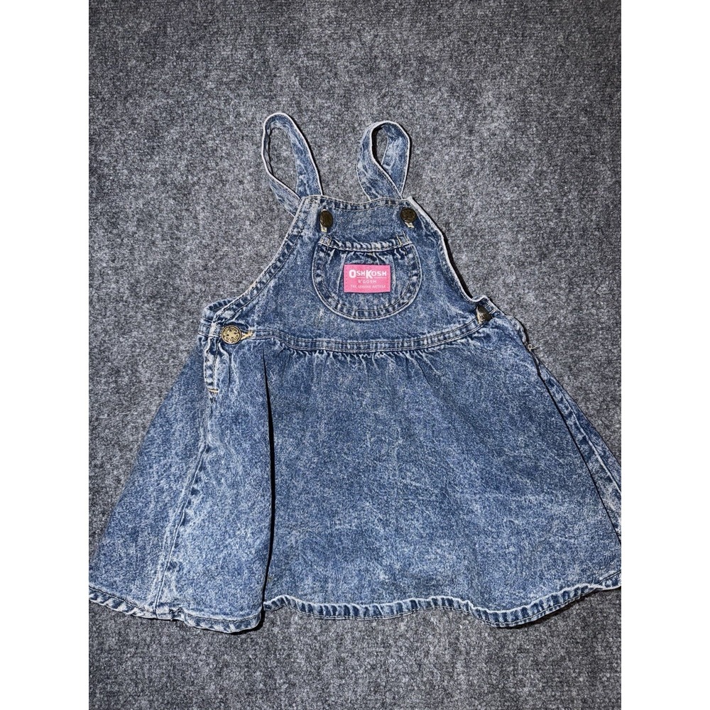 Vintage 80s 90s Oshkosh B'Gosh Acid Wash Denim Dress Jumper Shirtall Pink Tag 3T